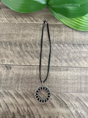 Silver Circle Pendant Chocker with Black Accents - Women Jewelry